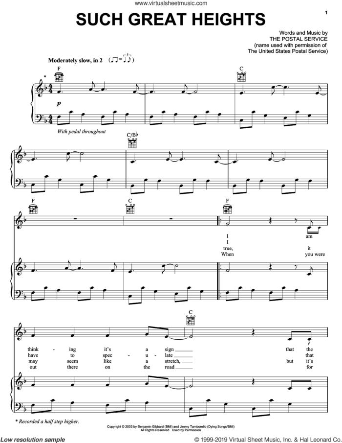 Such Great Heights sheet music for voice, piano or guitar by Iron And Wine and The Postal Service, intermediate skill level