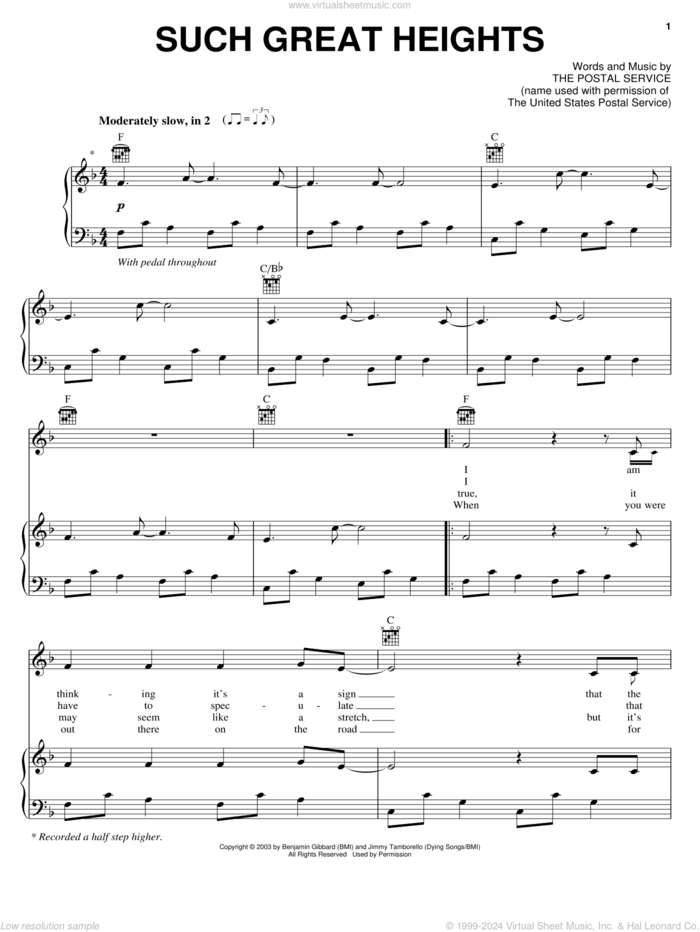 Such Great Heights sheet music for voice, piano or guitar by Iron And Wine and The Postal Service, intermediate skill level