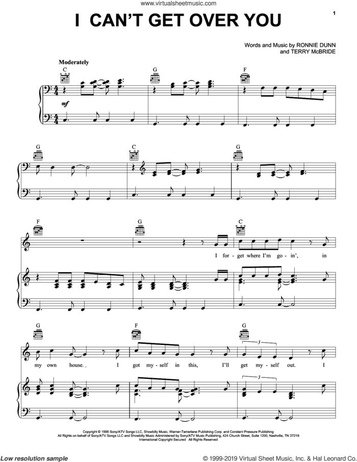 I Can't Get Over You sheet music for voice, piano or guitar by Brooks & Dunn, Ronnie Dunn and Terry McBride, intermediate skill level