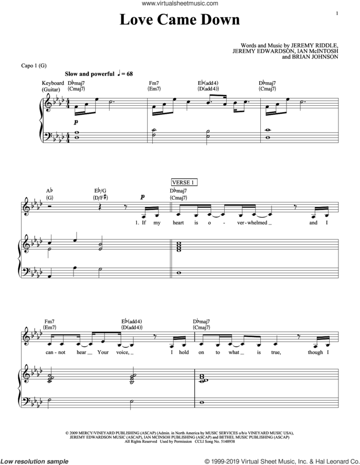 Love Came Down sheet music for voice, piano or guitar by Kari Jobe, Brian Johnson, Ian McIntosh, Jeremy Edwardson and Jeremy Riddle, intermediate skill level
