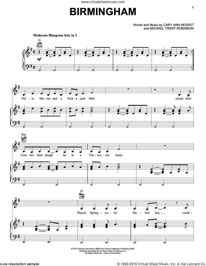 Birmingham sheet music for voice, piano or guitar by Shovels & Rope, Cary Ann Hearst and Michael Trent Robinson, intermediate skill level