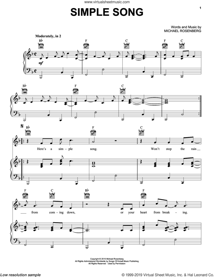 Simple Song sheet music for voice, piano or guitar by Passenger and Michael Rosenberg, intermediate skill level