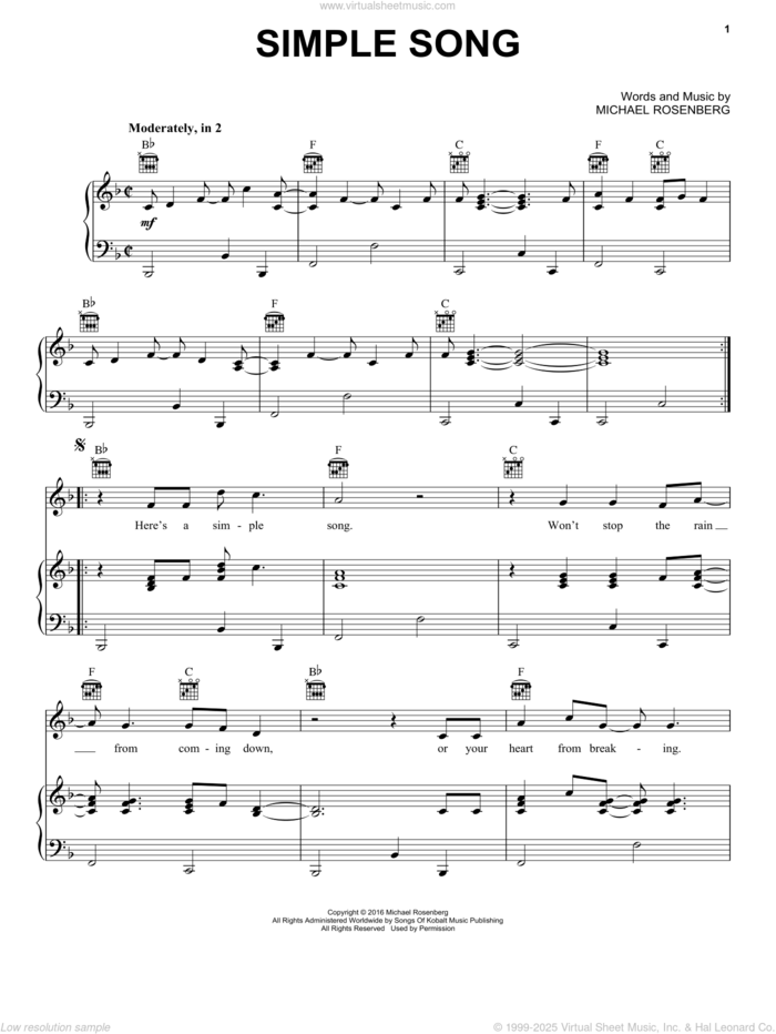 Simple Song sheet music for voice, piano or guitar by Passenger and Michael Rosenberg, intermediate skill level