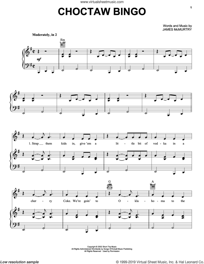 Choctaw Bingo sheet music for voice, piano or guitar by James Mc Murtry, intermediate skill level