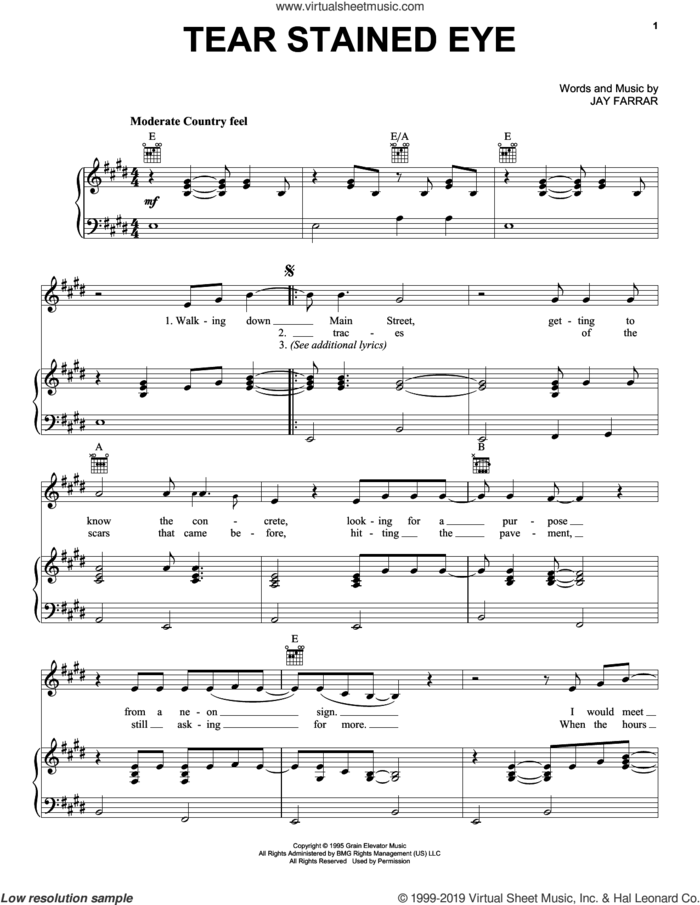 Tear Stained Eye sheet music for voice, piano or guitar by Son Volt and Jay Farrar, intermediate skill level