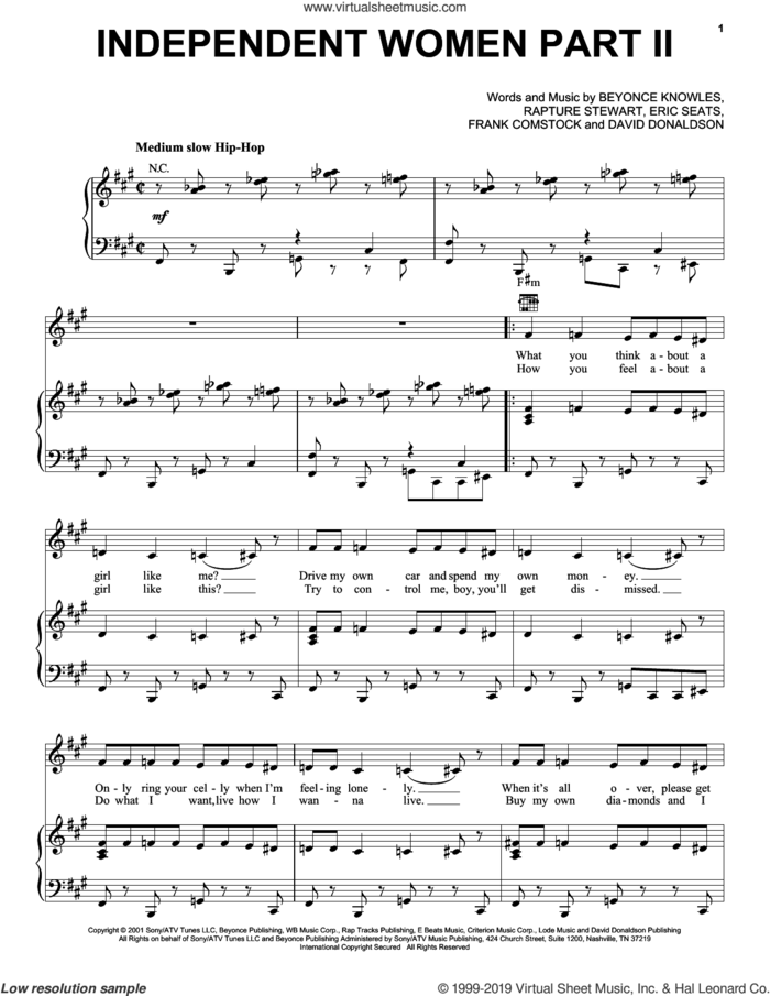 Independent Women Part II sheet music for voice, piano or guitar by Destiny's Child, Beyonce, David Donaldson, Eric Seats, Frank Comstock and Rapture Stewart, intermediate skill level