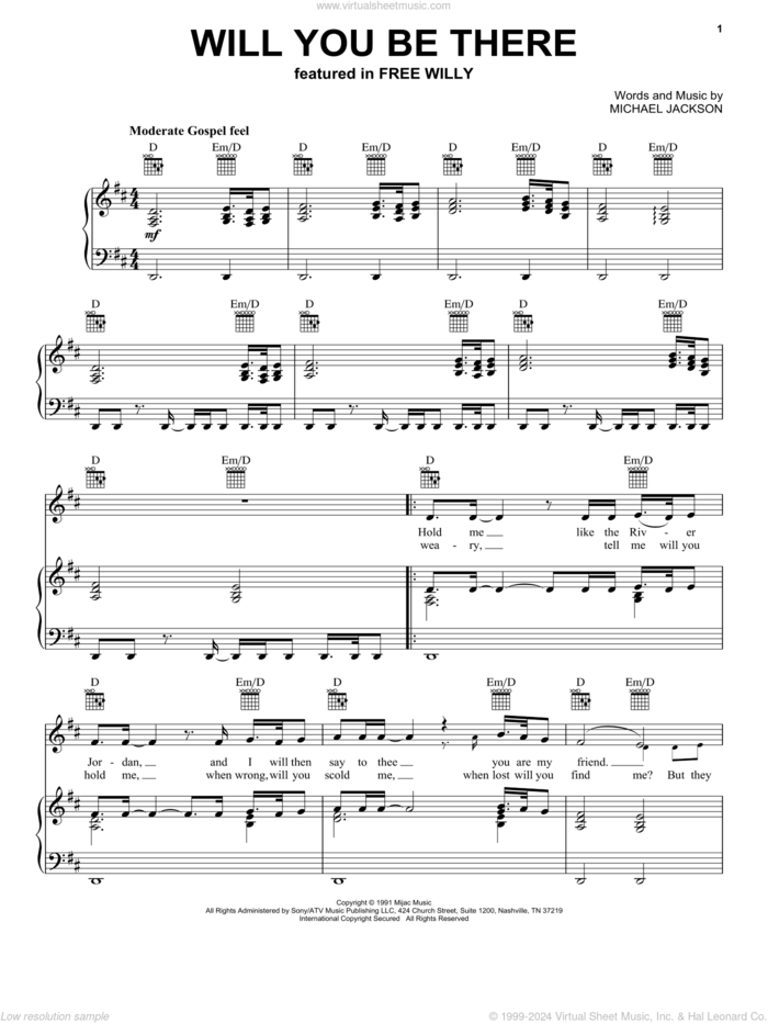 Will You Be There (Theme from Free Willy) sheet music for voice, piano or guitar by Michael Jackson, intermediate skill level