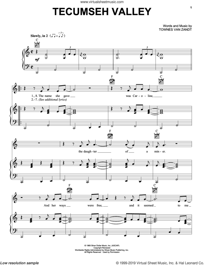 Tecumseh Valley sheet music for voice, piano or guitar by Townes Van Zandt, intermediate skill level