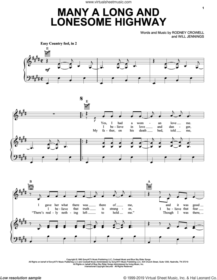 Many A Long And Lonesome Highway sheet music for voice, piano or guitar by Rodney Crowell and Will Jennings, intermediate skill level