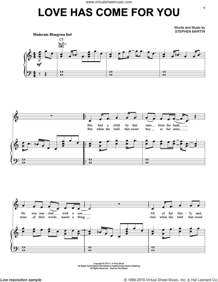 Love Has Come For You sheet music for voice, piano or guitar by Steve Martin & Edie Brickell and Stephen Martin, intermediate skill level