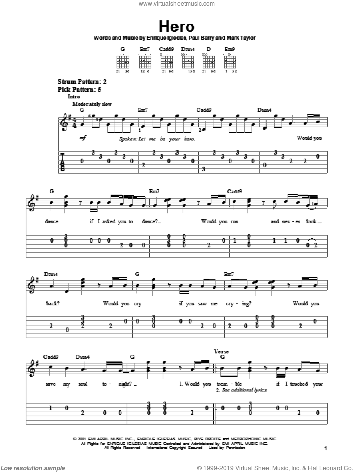 Hero sheet music for guitar solo (chords) by Enrique Iglesias, Mark Taylor and Paul Barry, easy guitar (chords)