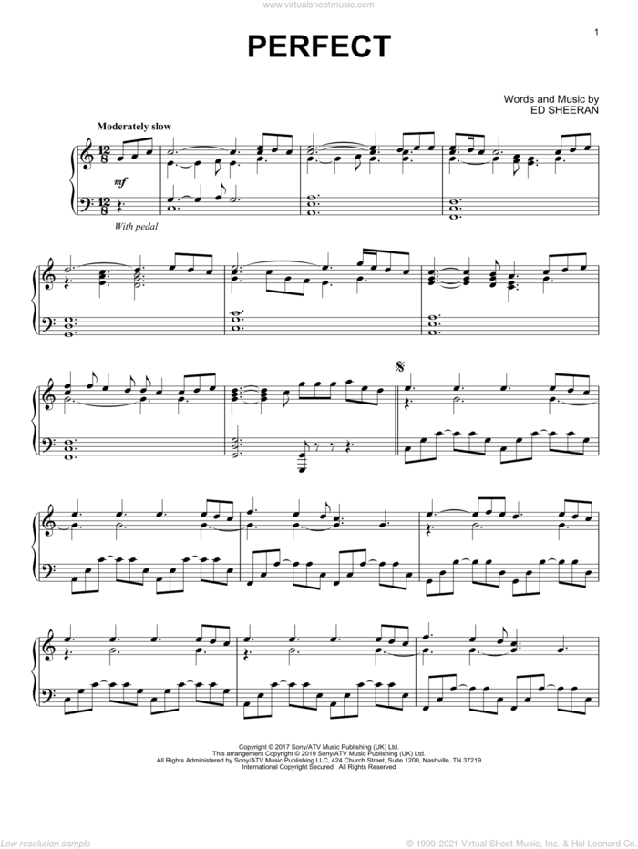 Perfect, (intermediate) sheet music for piano solo by Ed Sheeran, intermediate skill level