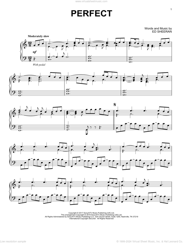 Perfect, (intermediate) sheet music for piano solo by Ed Sheeran, intermediate skill level