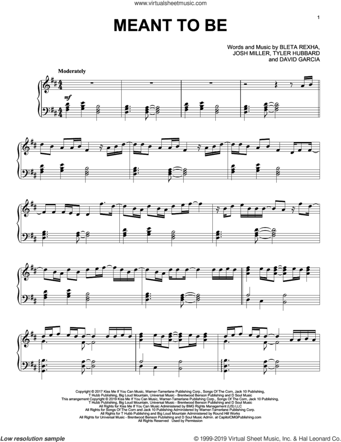 Meant To Be (feat. Florida Georgia Line) sheet music for piano solo by Bebe Rexha, Bebe Rexha feat. Florida Georgia Line, Bleta Rexha, David Garcia, Josh Miller and Tyler Hubbard, intermediate skill level