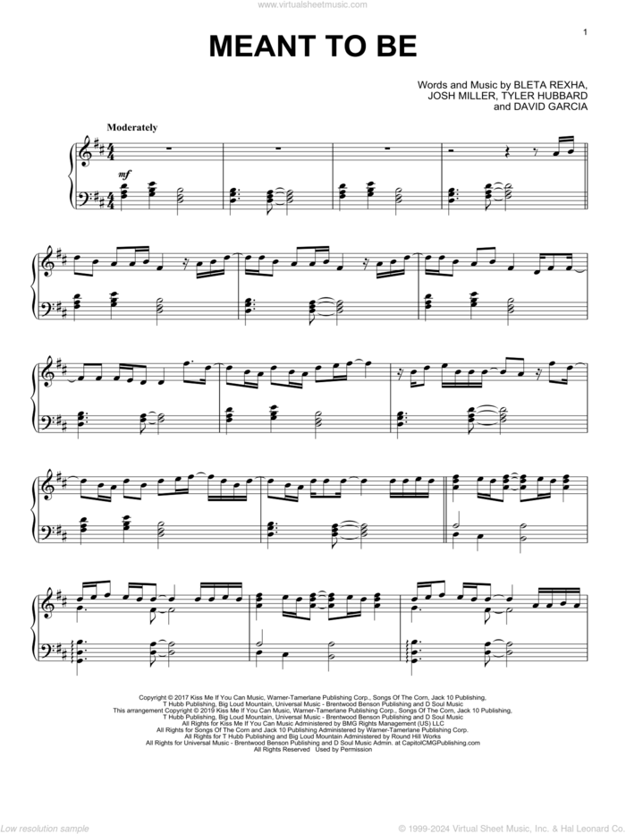 Meant To Be (feat. Florida Georgia Line) sheet music for piano solo by Bebe Rexha, Bebe Rexha feat. Florida Georgia Line, Bleta Rexha, David Garcia, Josh Miller and Tyler Hubbard, intermediate skill level