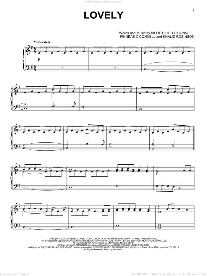 lovely (from 13 Reasons Why), (intermediate) sheet music for piano solo by Billie Eilish & Khalid, Billie Eilish feat. Khalid, Billie Eilish and Khalid Robinson, intermediate skill level