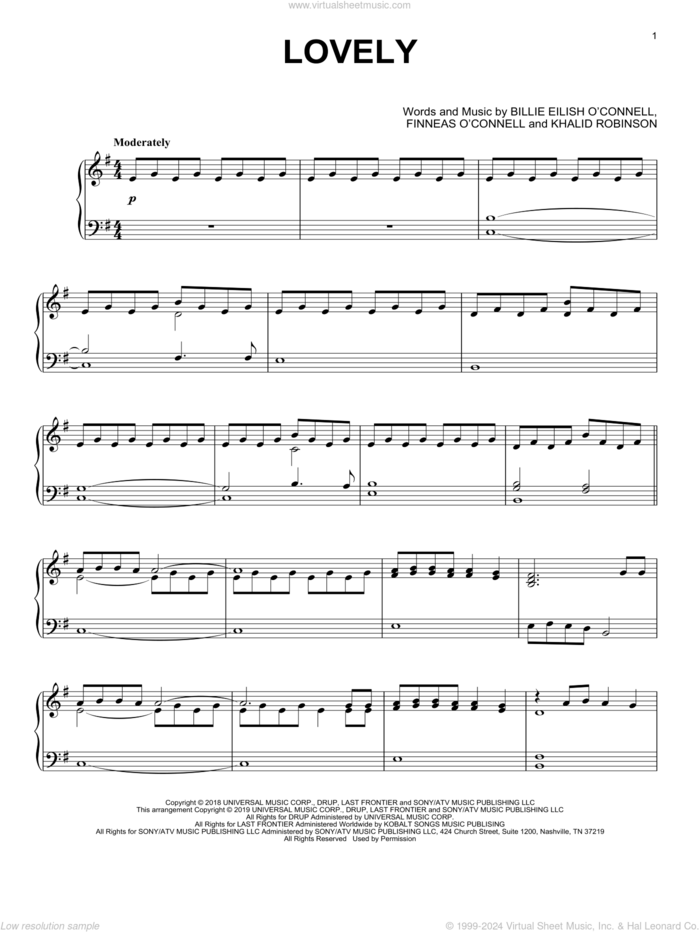 lovely (from 13 Reasons Why), (intermediate) sheet music for piano solo by Billie Eilish & Khalid, Billie Eilish feat. Khalid, Billie Eilish and Khalid Robinson, intermediate skill level