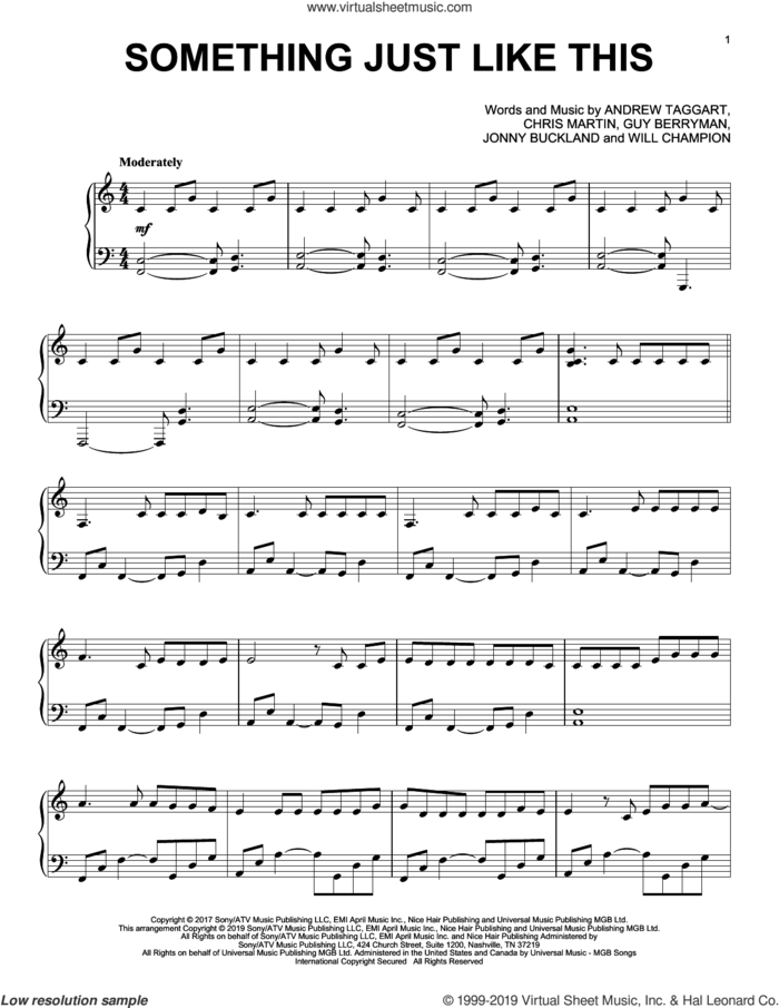 Something Just Like This, (intermediate) sheet music for piano solo by The Chainsmokers & Coldplay, Andrew Taggart, Chris Martin, Guy Berryman, Jonny Buckland and Will Champion, intermediate skill level