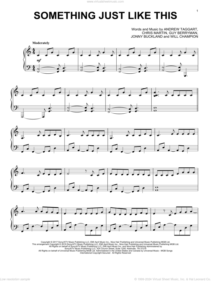 Something Just Like This, (intermediate) sheet music for piano solo by The Chainsmokers & Coldplay, Andrew Taggart, Chris Martin, Guy Berryman, Jonny Buckland and Will Champion, intermediate skill level