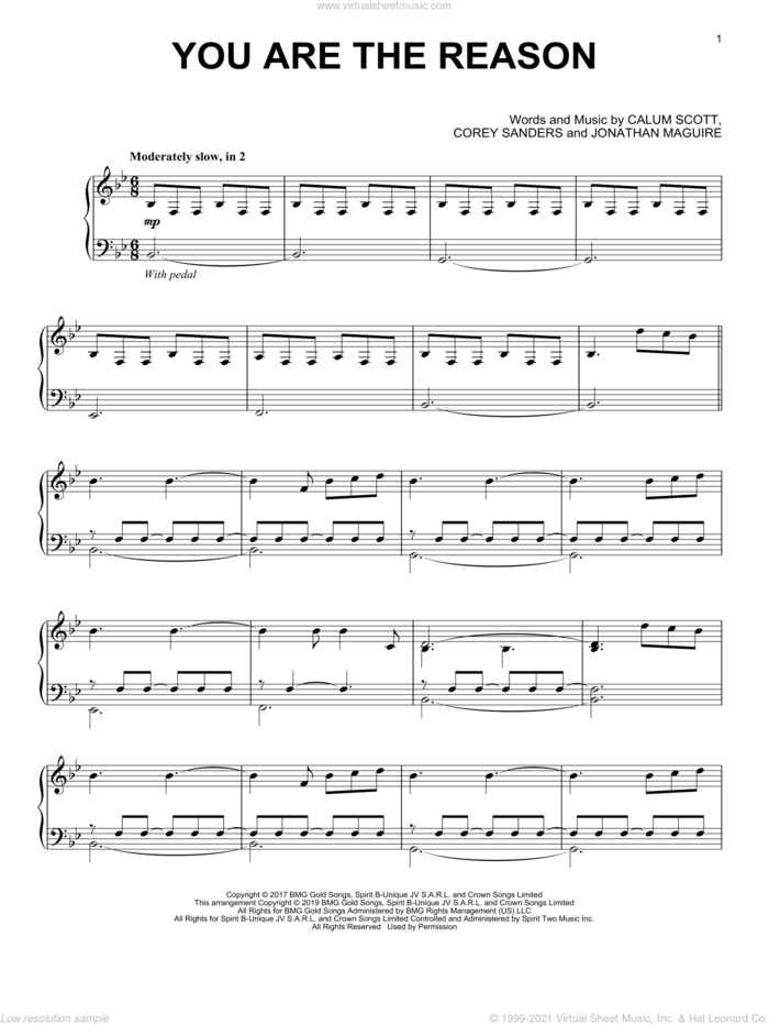 You Are The Reason, (intermediate) sheet music for piano solo by Calum Scott, Corey Sanders and Jon Maguire, intermediate skill level