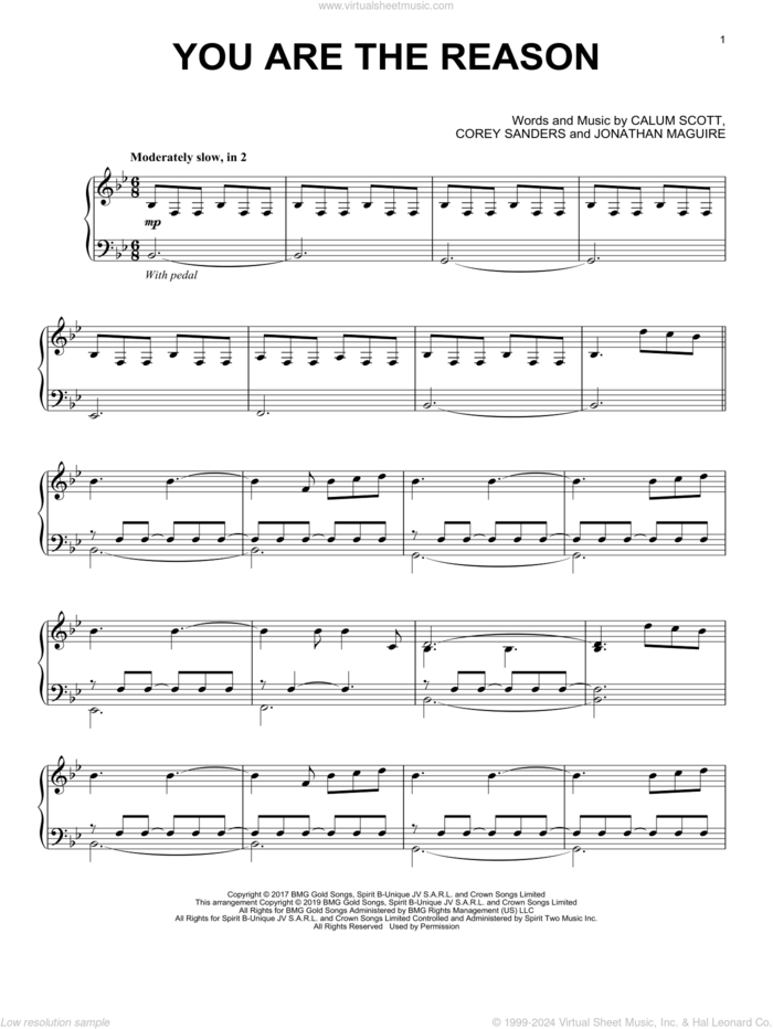 You Are The Reason, (intermediate) sheet music for piano solo by Calum Scott, Corey Sanders and Jon Maguire, intermediate skill level