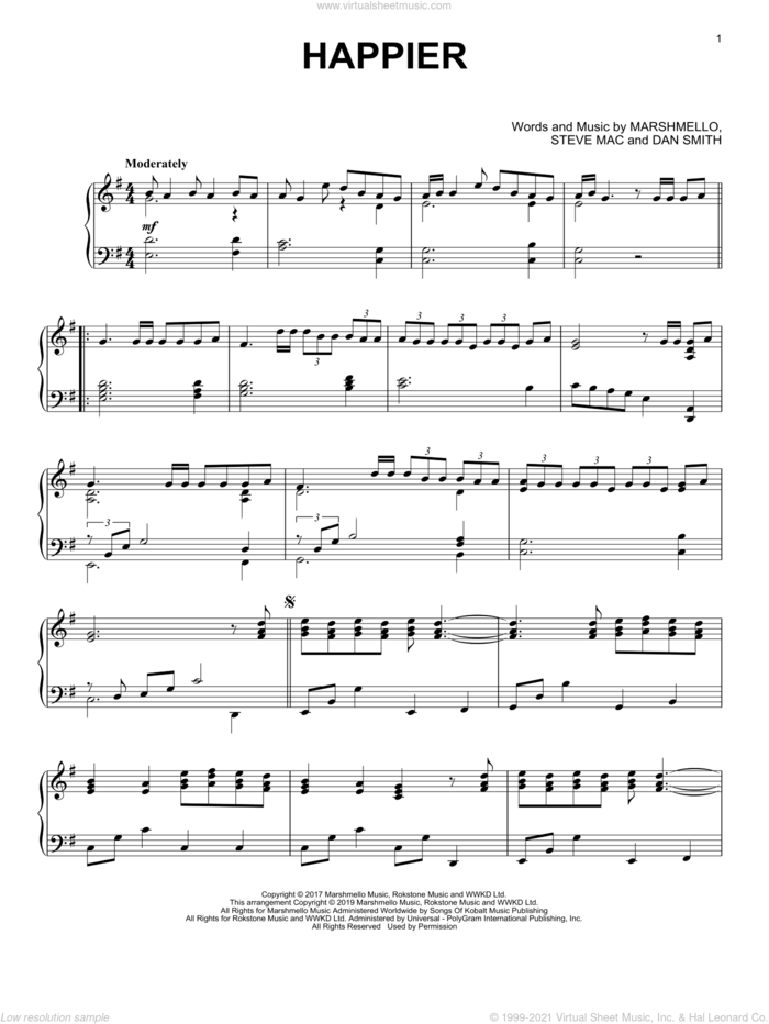 Happier, (intermediate) sheet music for piano solo by Marshmello & Bastille, Marshmello (feat. Bastille), Dan Smith, Marshmello and Steve Mac, intermediate skill level