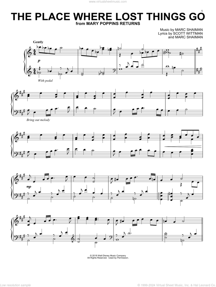 The Place Where Lost Things Go (from Mary Poppins Returns) sheet music for piano solo by Emily Blunt, Marc Shaiman and Scott Wittman, intermediate skill level