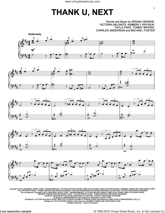 thank u, next sheet music for piano solo by Ariana Grande, Charles Anderson, Kimberly Krysiuk, Michael Foster, Tayla Parx, Tommy Brown and Victoria McCants, intermediate skill level