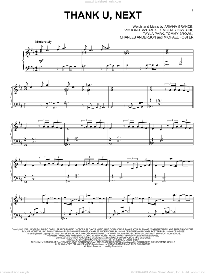 thank u, next, (intermediate) sheet music for piano solo by Ariana Grande, Charles Anderson, Kimberly Krysiuk, Michael Foster, Tayla Parx, Tommy Brown and Victoria McCants, intermediate skill level