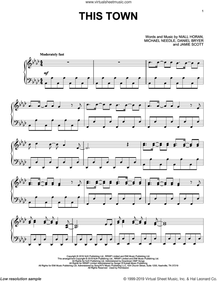 This Town, (intermediate) sheet music for piano solo by Niall Horan, Daniel Bryer, Jamie Scott and Michael Needle, intermediate skill level