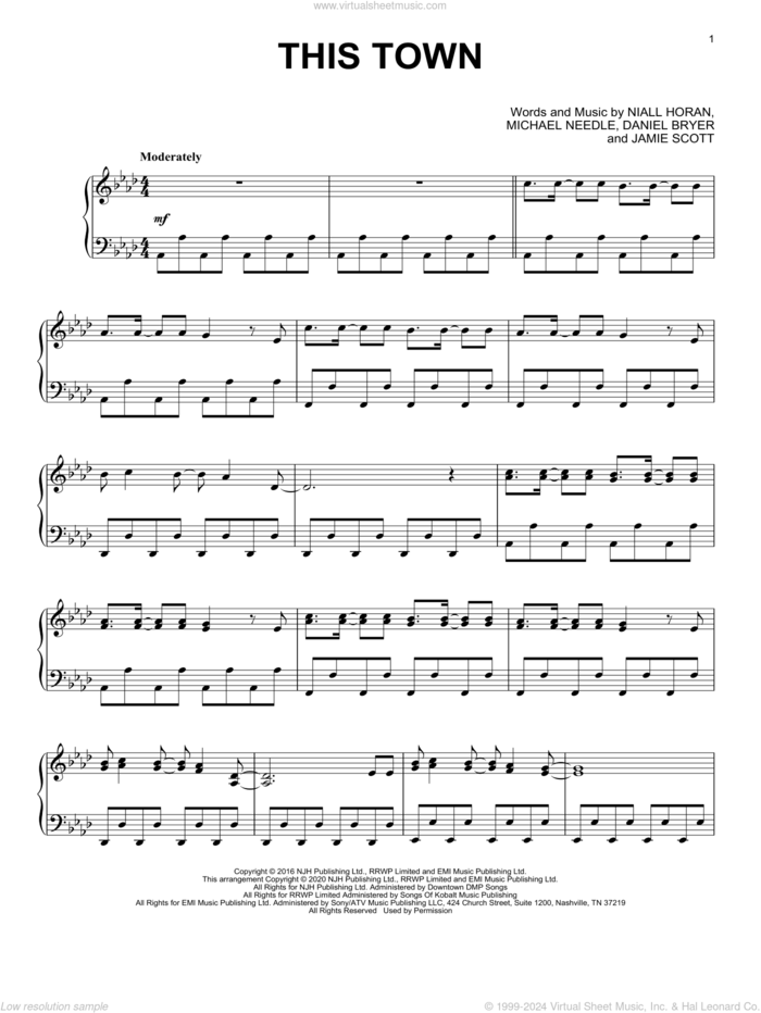 This Town, (intermediate) sheet music for piano solo by Niall Horan, Daniel Bryer, Jamie Scott and Michael Needle, intermediate skill level