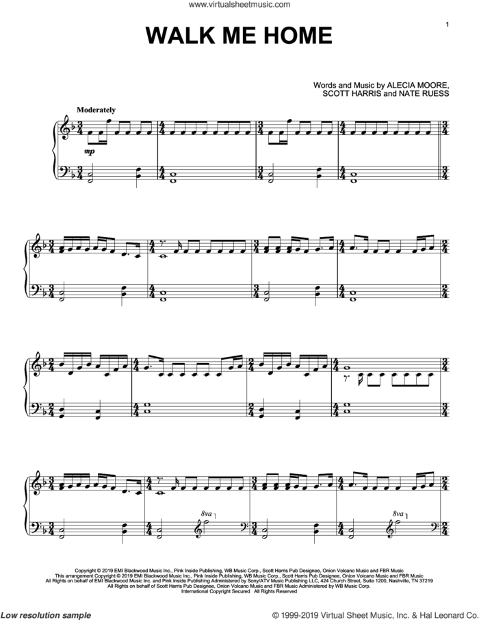 Walk Me Home, (intermediate) sheet music for piano solo by Alecia Moore, Miscellaneous, Nate Ruess and Scott Harris, intermediate skill level