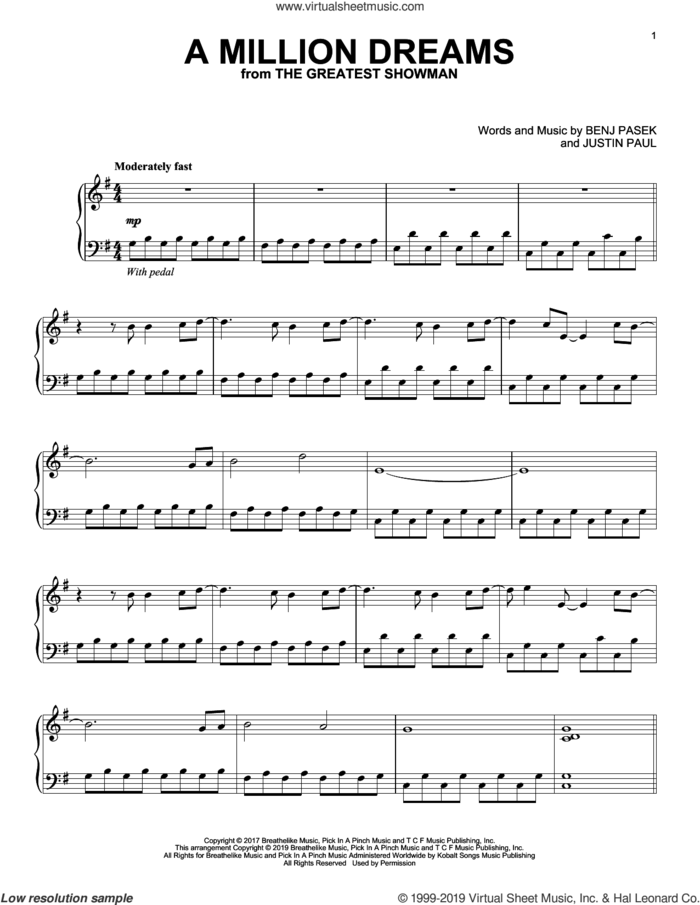 A Million Dreams (from The Greatest Showman), (intermediate) sheet music for piano solo by Pasek & Paul, Benj Pasek and Justin Paul, intermediate skill level