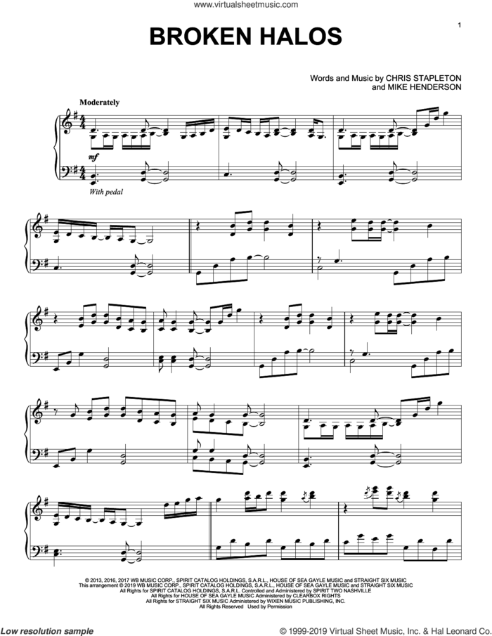 Broken Halos, (intermediate) sheet music for piano solo by Chris Stapleton and Mike Henderson, intermediate skill level