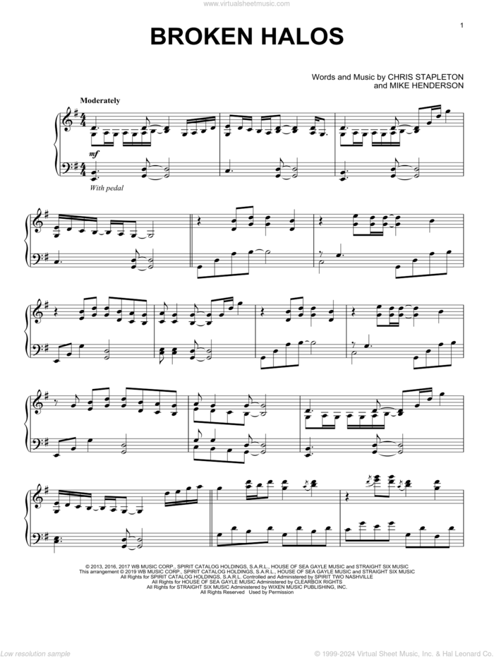 Broken Halos, (intermediate) sheet music for piano solo by Chris Stapleton and Mike Henderson, intermediate skill level