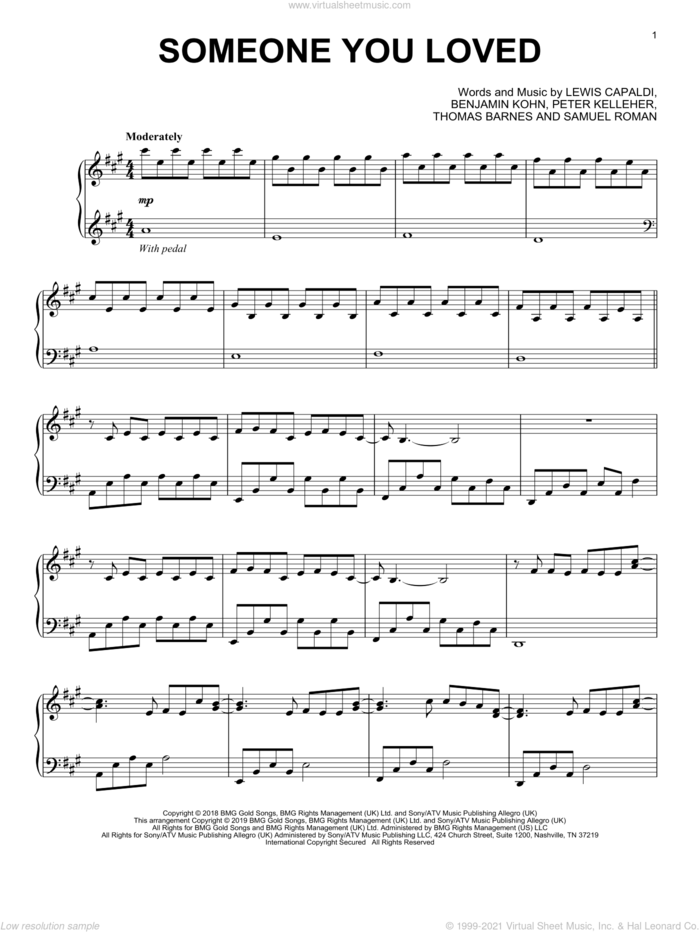 Someone You Loved, (intermediate) sheet music for piano solo by Lewis Capaldi, Benjamin Kohn, Peter Kelleher, Samuel Roman and Thomas Barnes, intermediate skill level