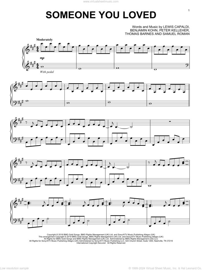 Someone You Loved, (intermediate) sheet music for piano solo by Lewis Capaldi, Benjamin Kohn, Peter Kelleher, Samuel Roman and Thomas Barnes, intermediate skill level