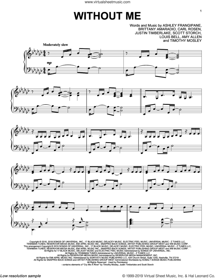 Without Me, (intermediate) sheet music for piano solo by Halsey, Amy Allen, Ashley Frangipane, Brittany Amaradio, Carl Rosen, Justin Timberlake, Louis Bell, Scott Storch and Timothy Mosely, intermediate skill level