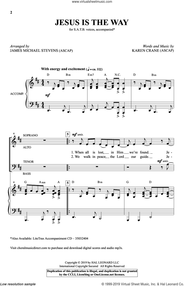 Jesus Is The Way (arr. James Michael Stevens) sheet music for choir (SATB: soprano, alto, tenor, bass) by Karen Crane and James Michael Stevens, intermediate skill level