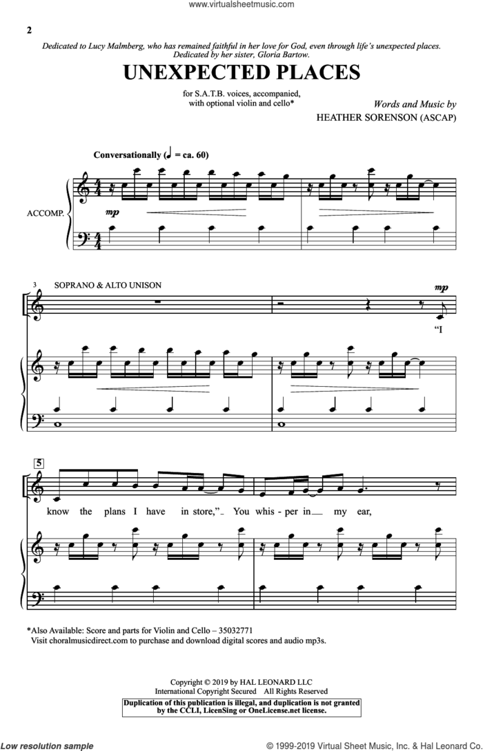 Unexpected Places sheet music for choir (SATB: soprano, alto, tenor, bass) by Heather Sorenson, intermediate skill level