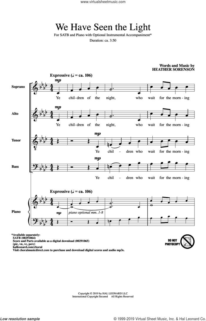 We Have Seen The Light sheet music for choir (SATB: soprano, alto, tenor, bass) by Heather Sorenson, intermediate skill level