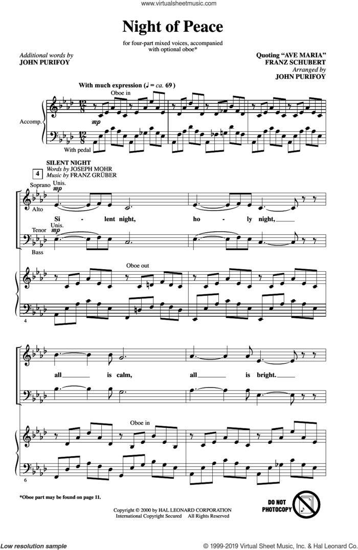 Night Of Peace (arr. John Purifoy) sheet music for choir (SATB: soprano, alto, tenor, bass) by Franz Schubert and John Purifoy, intermediate skill level