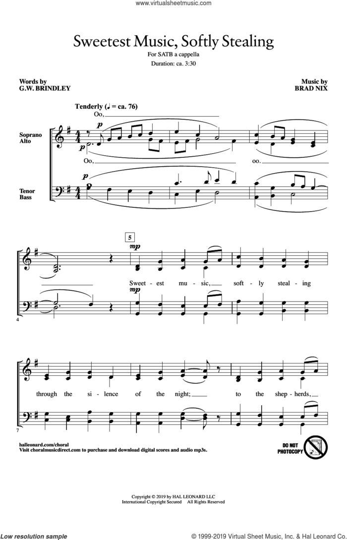 Sweetest Music, Softly Stealing sheet music for choir (SATB: soprano, alto, tenor, bass) by Brad Nix and G.W. Brindley, intermediate skill level
