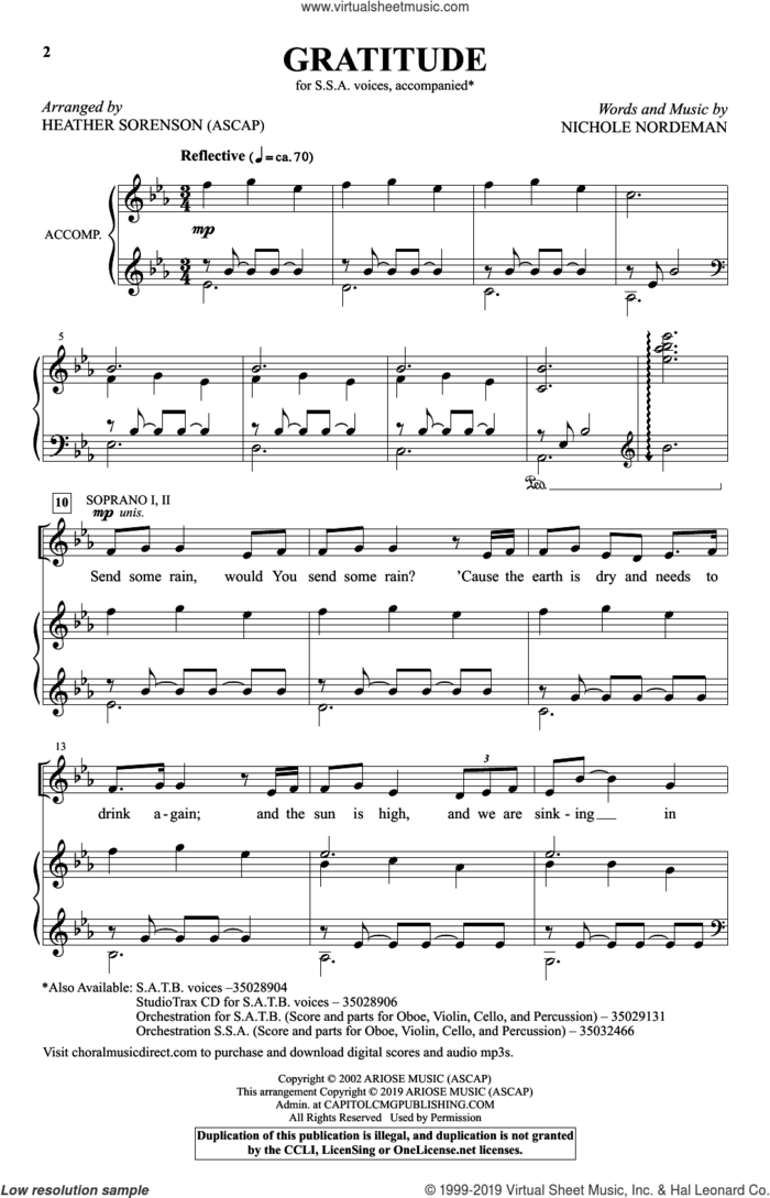 Gratitude (arr. Heather Sorenson) sheet music for choir (SSA: soprano, alto) by Nichole Nordeman and Heather Sorenson, intermediate skill level