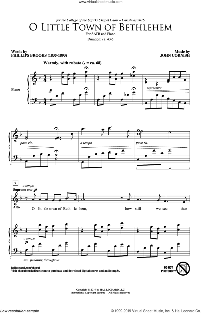 O Little Town Of Bethlehem sheet music for choir (SATB: soprano, alto, tenor, bass) by Phillips Brooks and John Cornish, intermediate skill level