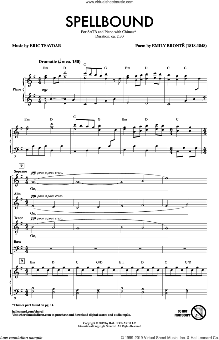 Spellbound sheet music for choir (SATB: soprano, alto, tenor, bass) by Eric Tsavdar and Emily Bronte, intermediate skill level