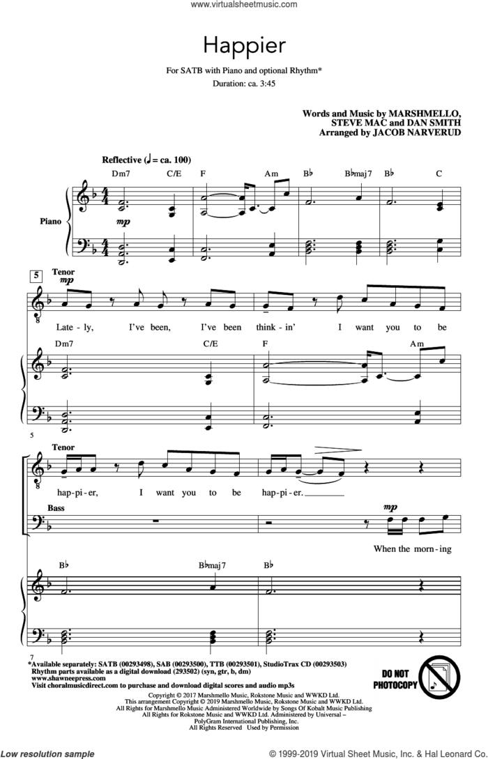 Happier (arr. Jacob Narverud) sheet music for choir (SATB: soprano, alto, tenor, bass) by Marshmello & Bastille, Jacob Narverud, Bastille, Dan Smith, Marshmello and Steve Mac, intermediate skill level