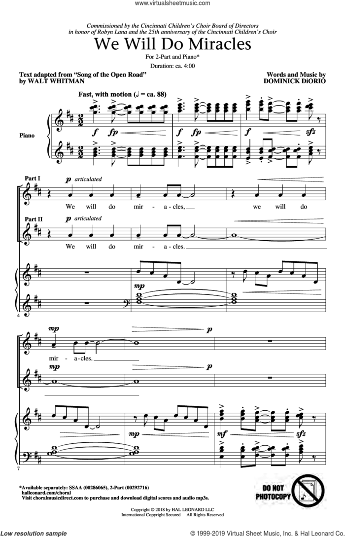 We Will Do Miracles sheet music for choir (2-Part) by Dominick DiOrio and Walt Whitman, intermediate duet