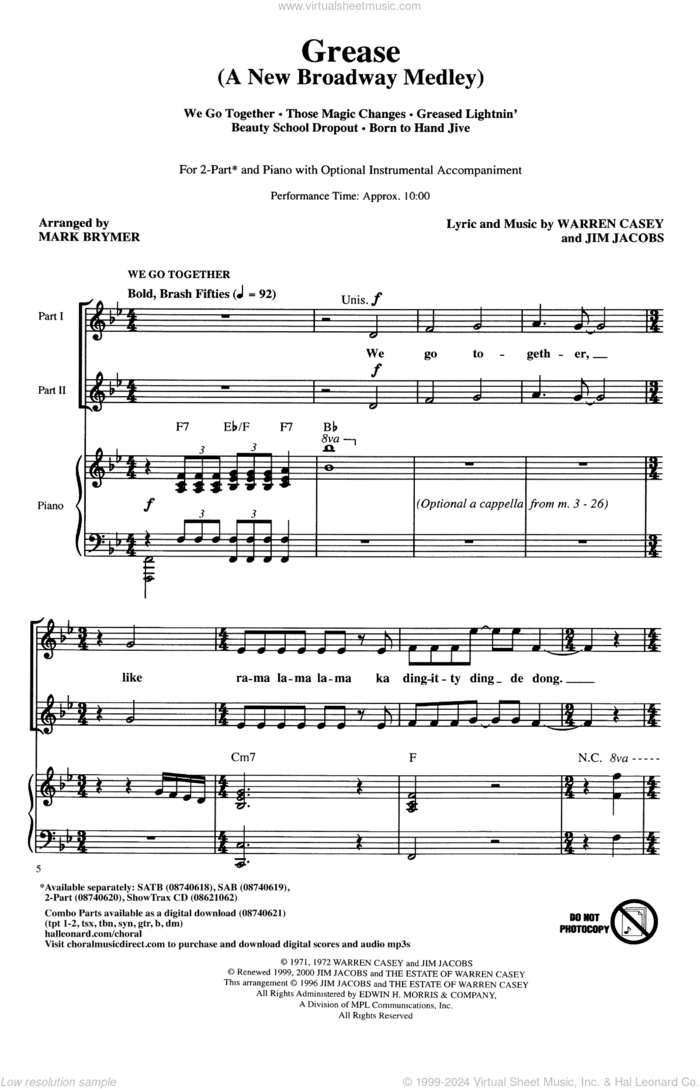 Grease: A New Broadway Medley (arr. Mark Brymer) sheet music for choir (2-Part) by Jim Jacobs, Mark Brymer, Jim Jacobs & Warren Casey and Warren Casey, intermediate duet