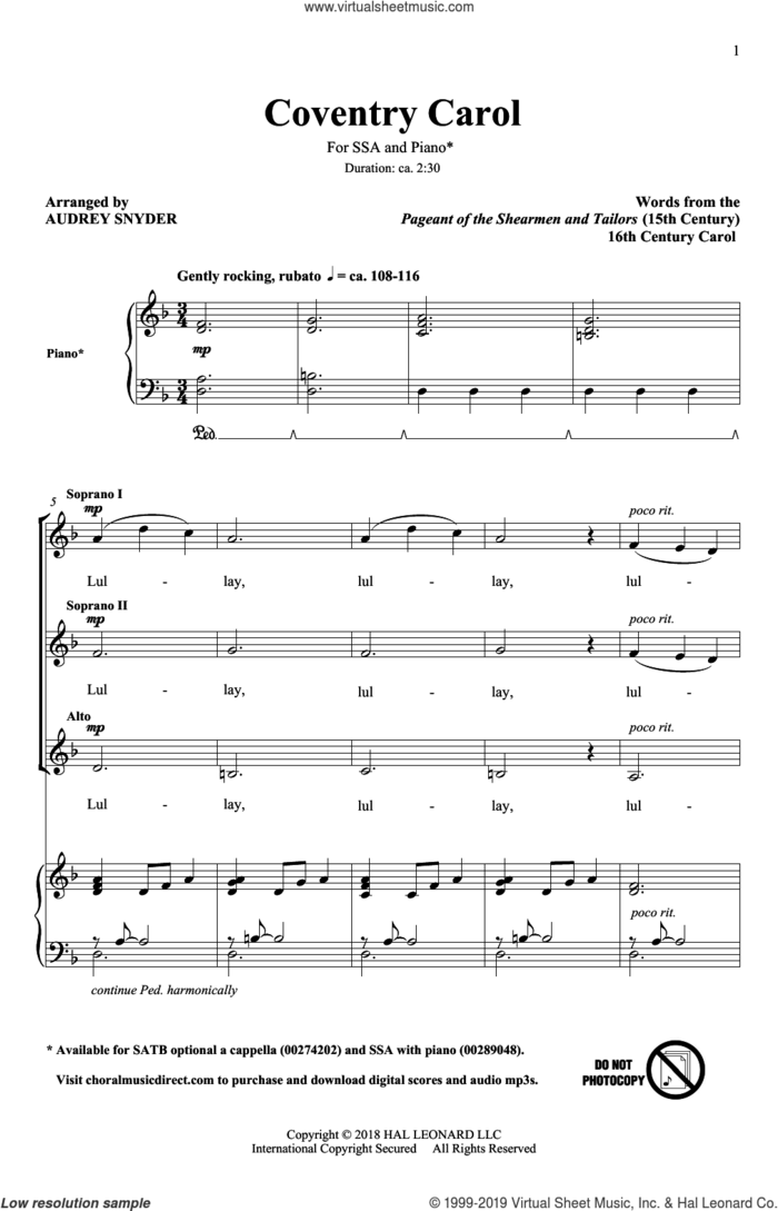 Coventry Carol sheet music for choir (SSA: soprano, alto) by Audrey Snyder and 16th Century English Carol, intermediate skill level